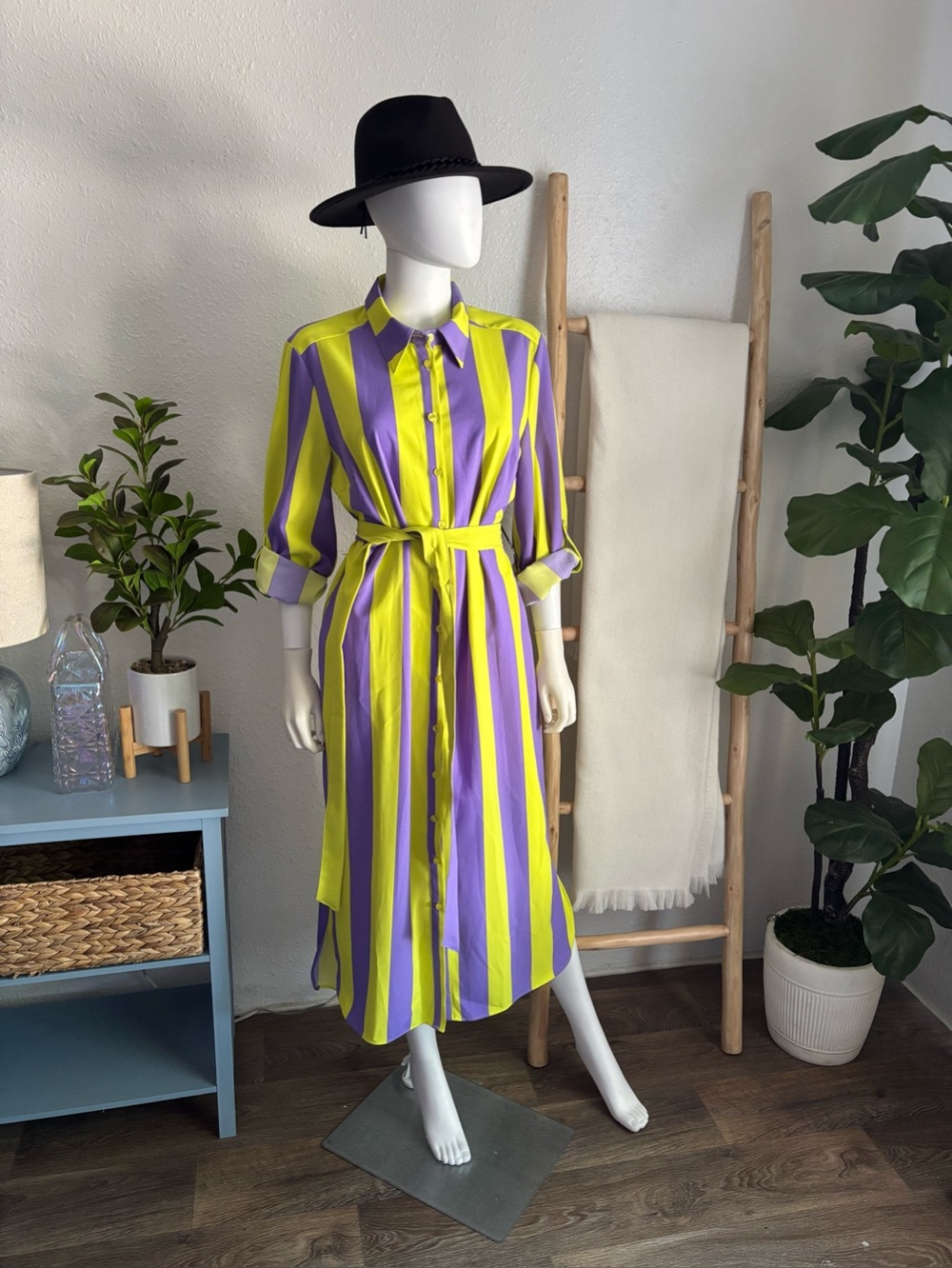 New York & Company Yellow and Purple Striped Midi Shirt Dress